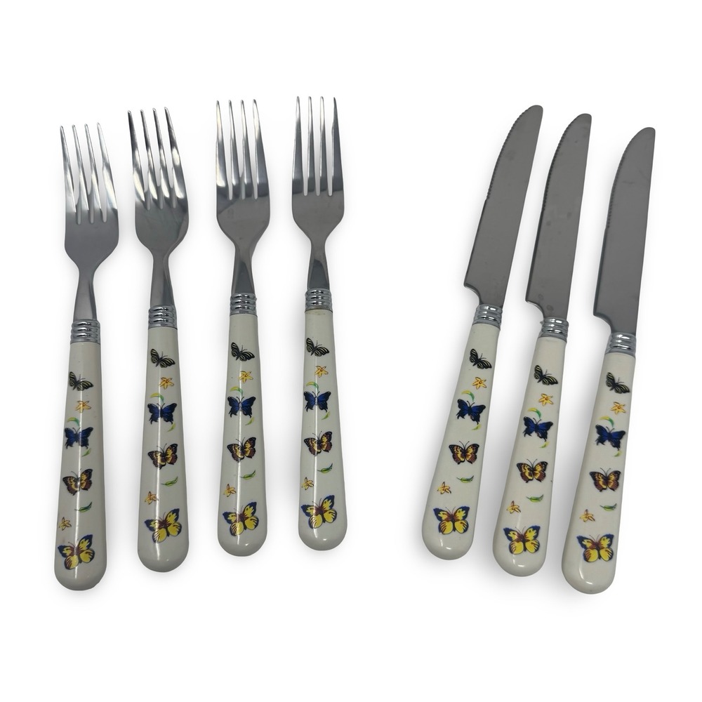 Vintage Ceramic Handle Flatware Butterfly Lot of 7 Forks Knives Stainless China